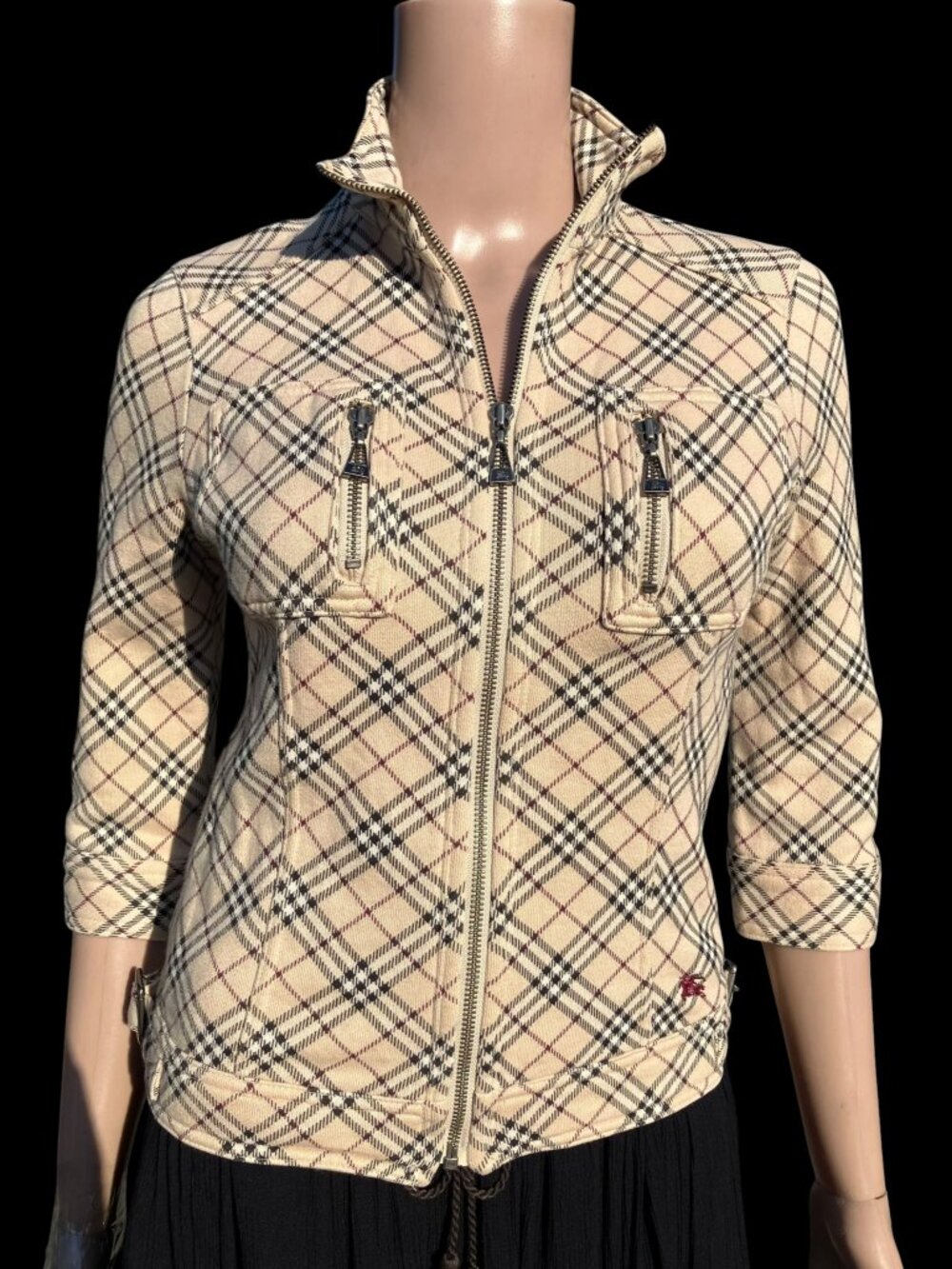 Burberry London Blue Label Nova Check Plaid Zip-Up 3/4 Sleeve Jacket Size 38 M L
